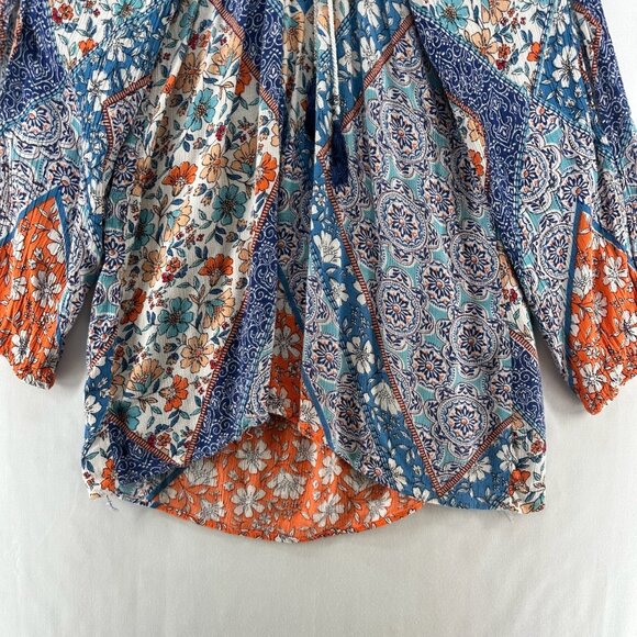 Lola P. Top Size L Peasant Boho Floral Blouse Shirred Tasseled Slit Sleeve Blue - Picture 4 of 10